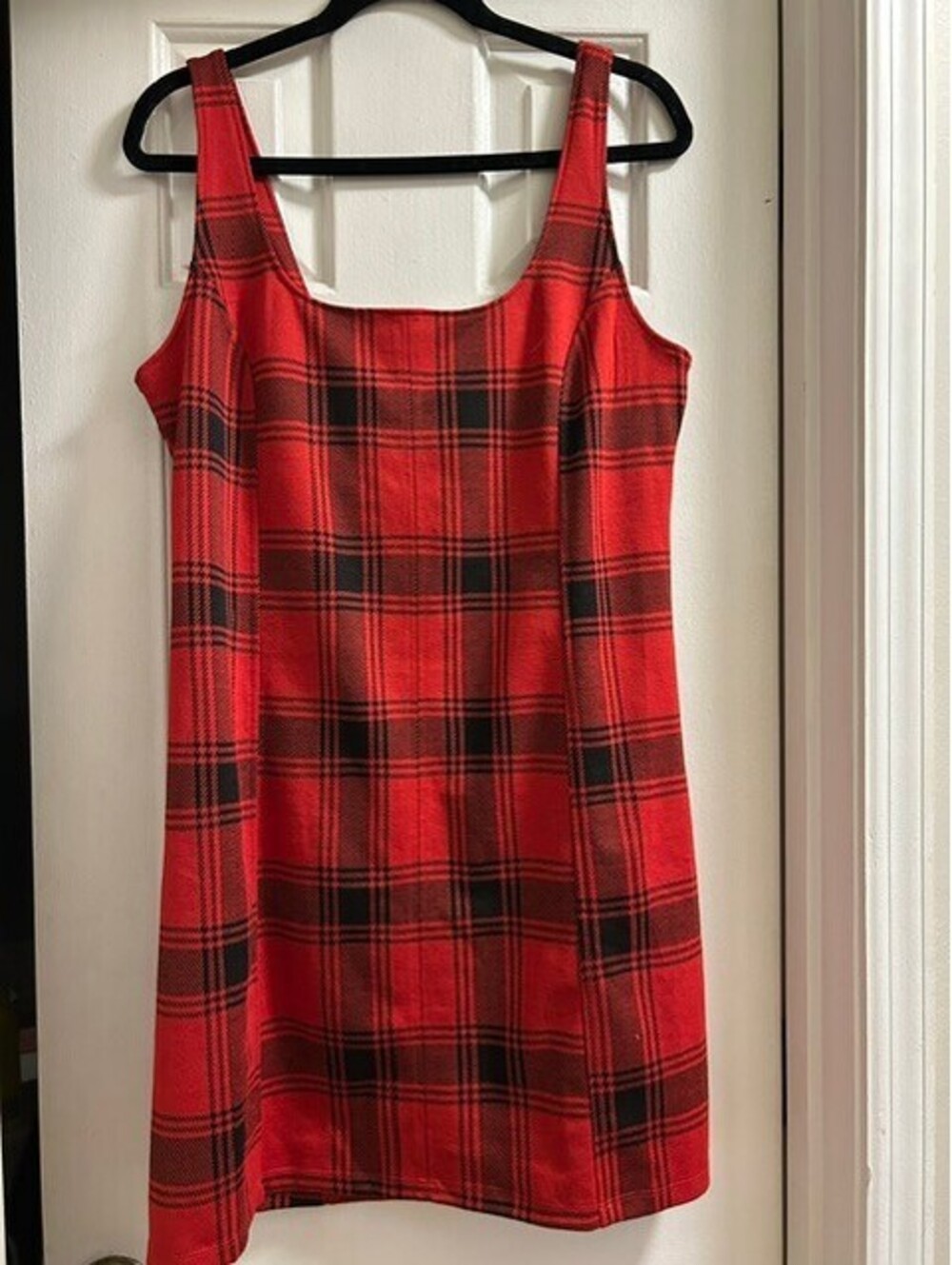 Red and Black Plaid Sleeveless Dress with Snap Button Detail